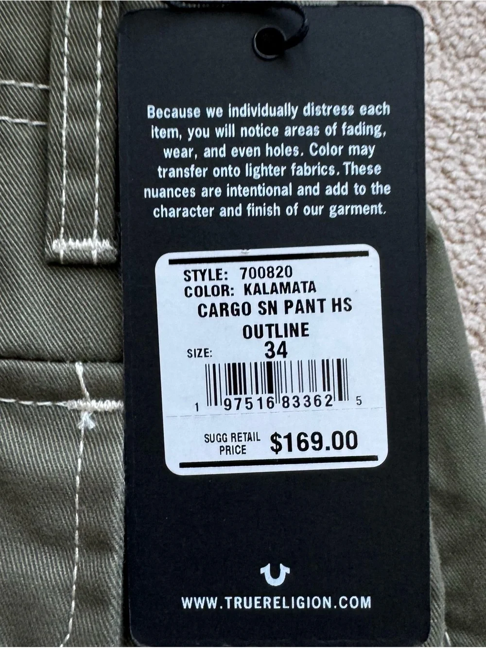 True Religion Mens Cargo Pants Sz 34 fit 38” Olive Green Kalamata White Stitch